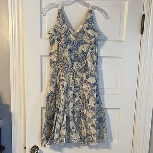 Size S Sugarlils Blue Off White Cotton Silk Paisley Ruffle Dress
